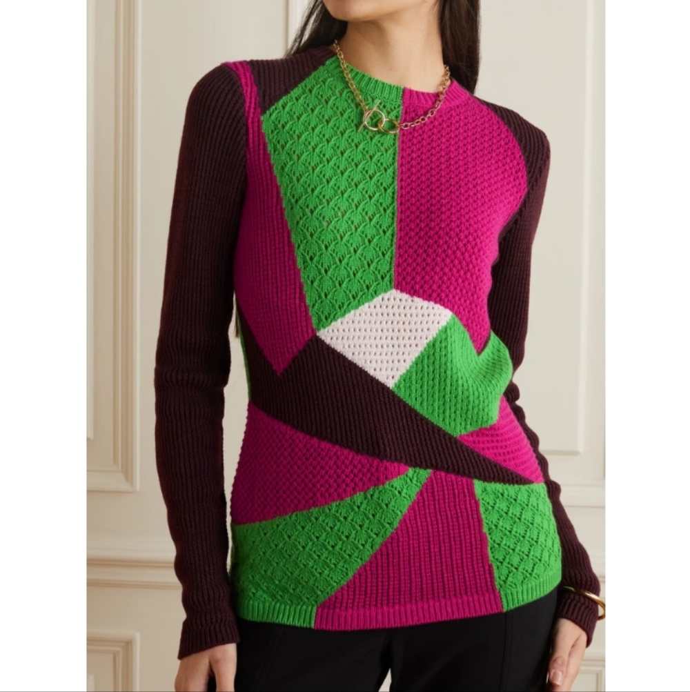 Gabriela Hearst Fuchsia, Green & Brown Geometric Crewneck Sweater